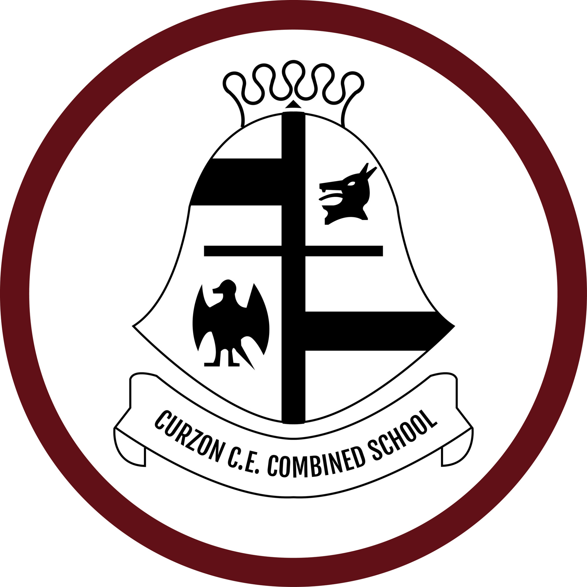 Logo for Curzon C.E. Combined School featuring a red circular border and a shield with four quadrants: a cow or bull, a black cross, an eagle, and a blank section. A banner below the shield displays the school name.